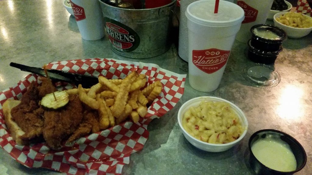 Hattie B's Hot Tenders with French Fries and Pimento Cheese Mac-n-Cheese