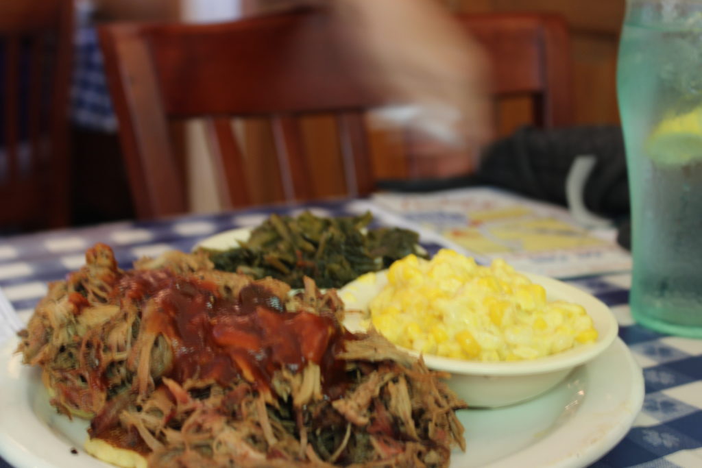 Loveless Cafe Pit-Cooked Pork Barbeque with Homemade Cream Corn and Turnip Greens with Pot Liquor