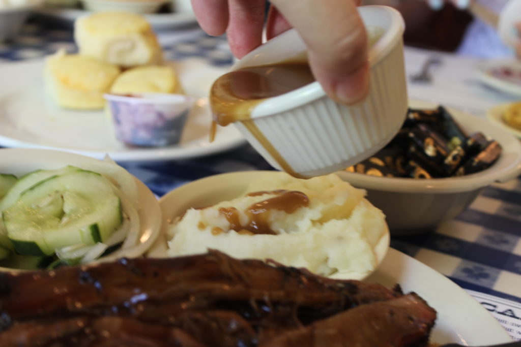 Loveless Cafe Smoked Beef Brisket with Mashed Potatoes and Marinated Cucumbers and Onions