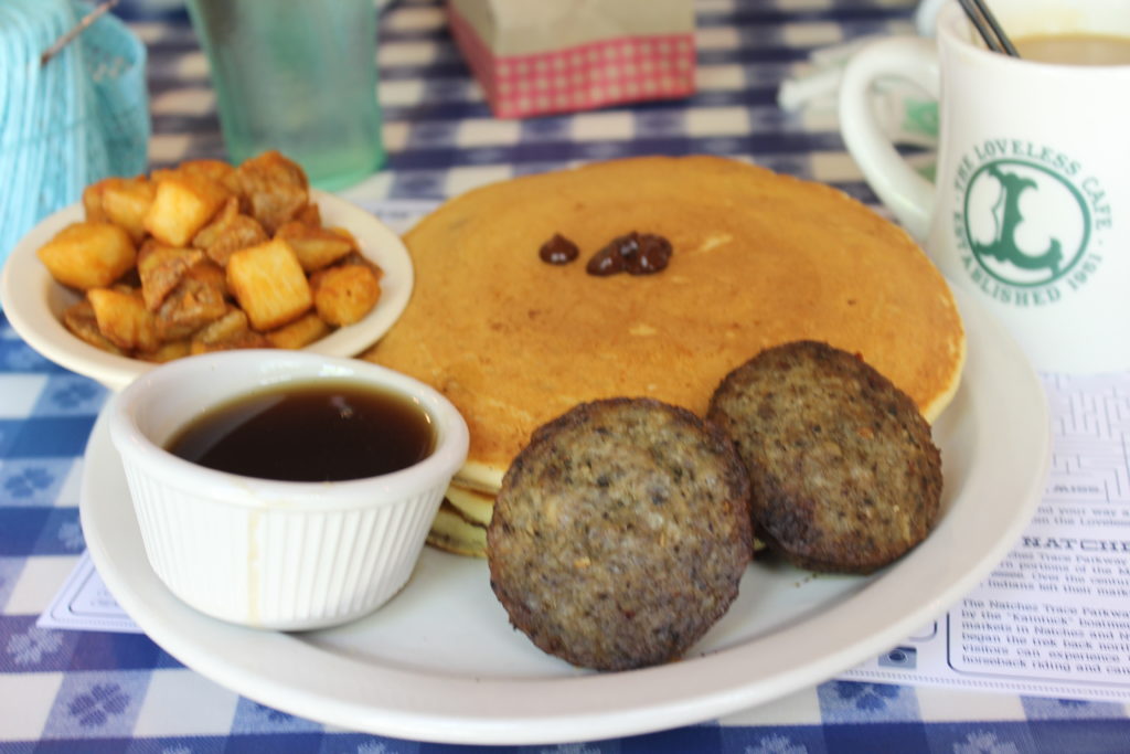 Loveless Cafe's Chocolate Chip Pancakes with Sausage and Home Fries