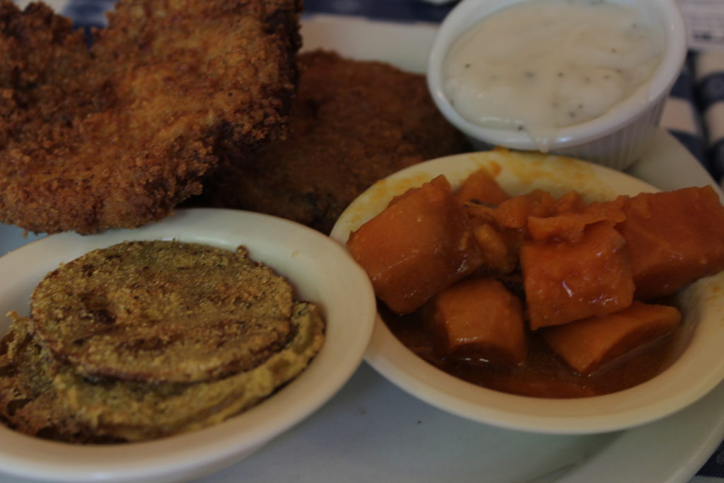Loveless Cafe's Country Fried Steak with Fried Green Tomatoes and Caramel Sweet Potatoes