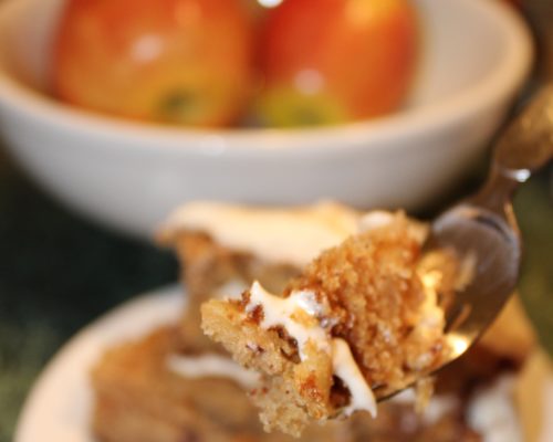 Bite of Caramel Cream Cheese Frosted Apple Cake