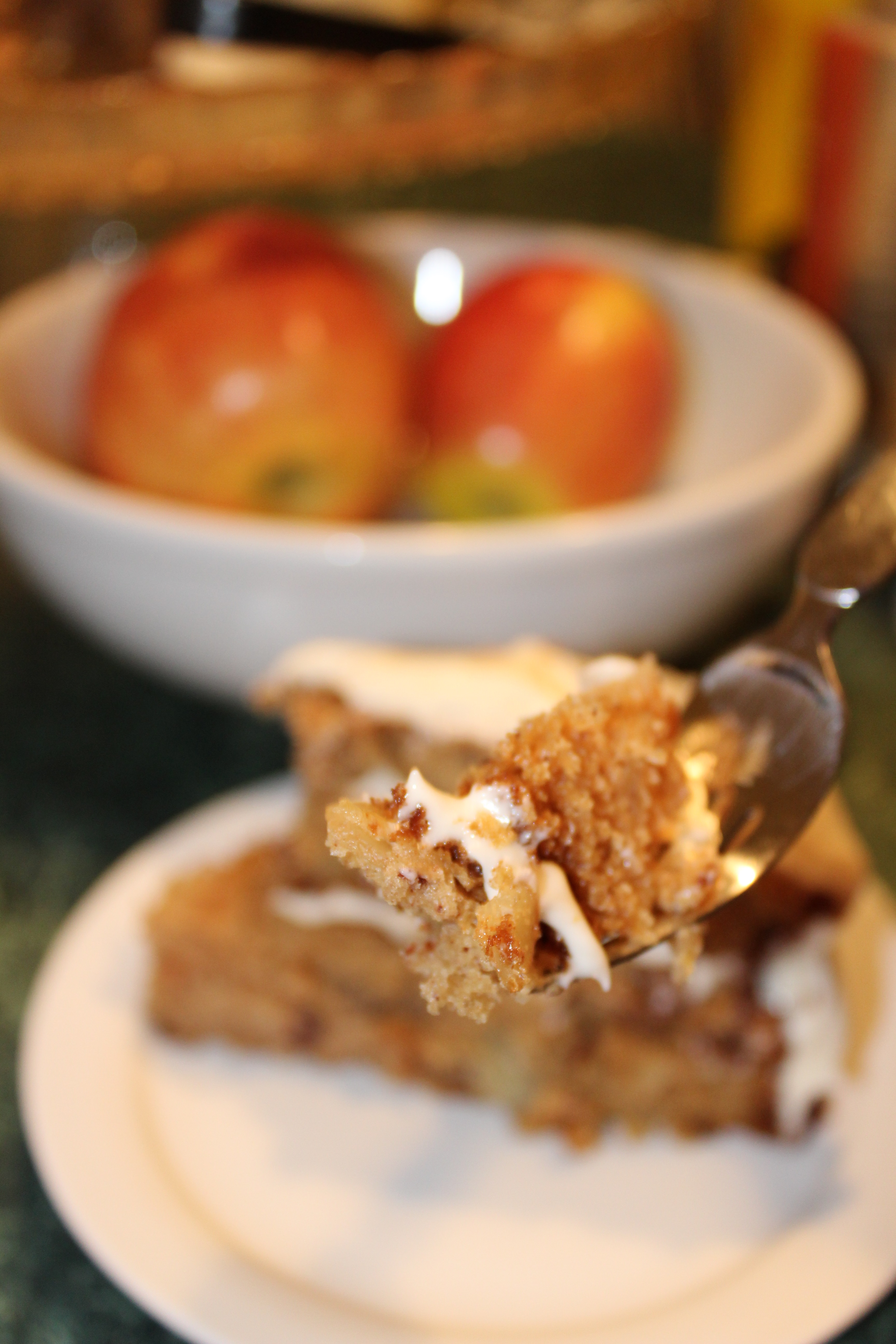 Bite of Caramel Cream Cheese Frosted Apple Cake