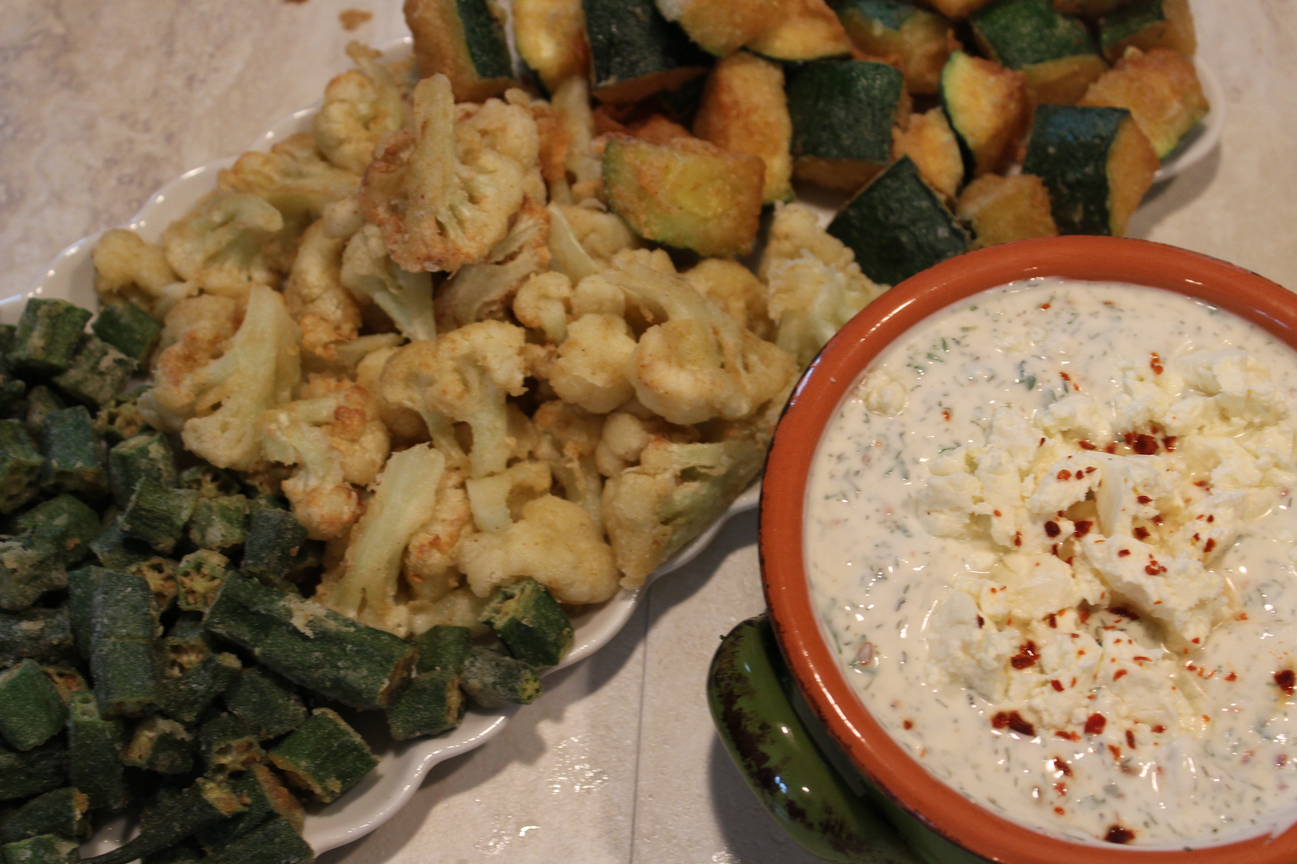 Gluten Free Fried Veggie Trio with Spicy Feta Sauce